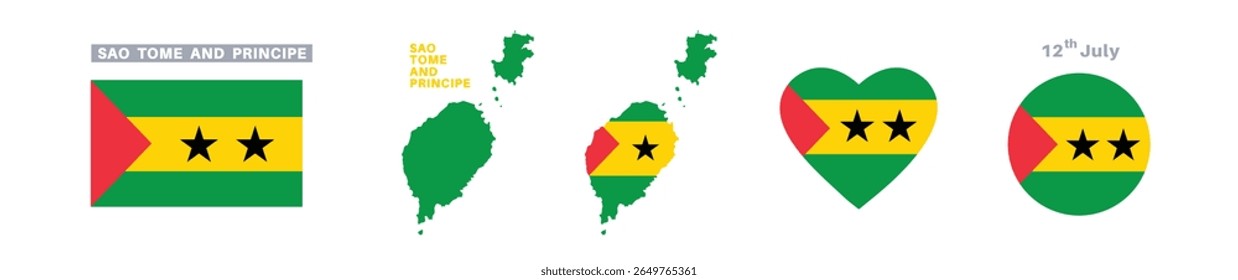 bandeira de são tomé e príncipe e conjunto de mapas. bandeira de são tomé e príncipe em cores e proporções oficiais. independência dia 12 de julho, mapa, círculo e coração em forma de são tomé e príncipe