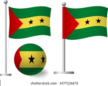 Sao Tome and Principe flag on pole and ball. Metal flagpole. National flag of Sao Tome and Principe vector illustration
