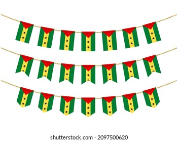 Sao Tome and Principe flag on the ropes on white background. Set of Patriotic bunting flags. Bunting decoration of Sao Tome and Principe flag
