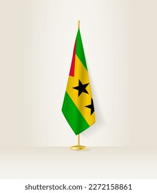 Sao Tome and Principe flag on a flag stand. Vector illustration.