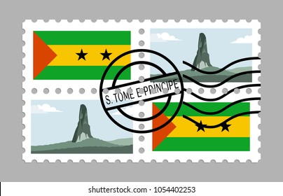 Sao tome and principe flag and pico cao grande on postage stamps