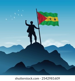 Sao Tome and Principe Flag raised on a mountain peak with clear sky in the background, vector illustration