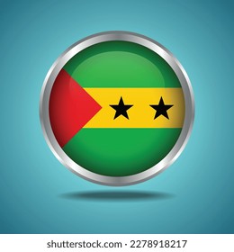 The Sao Tome and Principe flag. Round glossy. Silver frame. Isolated on color gradient background