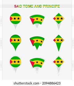 Sao Tome and Principe flag, set of location pin icons of Sao Tome and Principe flag. Vector illustration of national symbols.