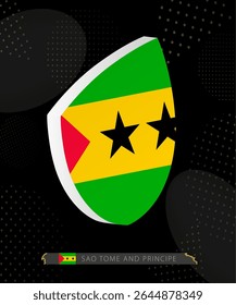 Sao Tome and Principe Flag Shield icon in 3D on Dark Modern Abstract Rugby Background. Perfect for sports events, heritage themes, national celebrations, and patriotic designs.