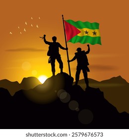 Sao Tome and Principe flag, silhouette of two climbers holding flags at sunset