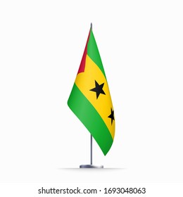 Sao Tome and Principe flag state symbol isolated on background national banner. Greeting card National Day Democratic Republic of Sao Tome and Principe. Illustration banner with realistic state flag.