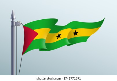 Sao Tome and Principe flag state symbol isolated on background national banner. Greeting card National Day Democratic Republic of Sao Tome and Principe. Illustration banner with realistic state flag.