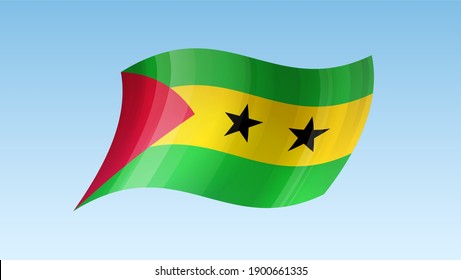Sao Tome and Principe flag state symbol isolated on background national banner. Greeting card National Day Democratic Republic of Sao Tome and Principe. Illustration banner with realistic state flag.