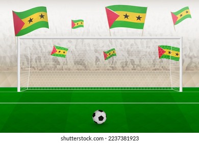 Sao Tome and Principe football team fans with flags of Sao Tome and Principe cheering on stadium, penalty kick concept in a soccer match. Sports vector illustration.