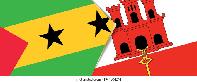 Sao Tome and Principe and Gibraltar flags, two vector flags symbol of relationship or confrontation.