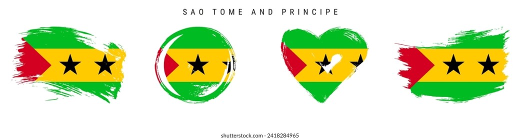 Sao Tome and Principe hand drawn grunge style flag icon set. Saint Thomas and Prince banner in official colors. Brush stroke shape, circle and heart-shaped. Flat vector illustration isolated on white.