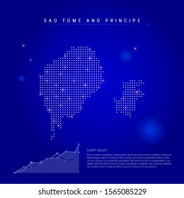 Sao Tome and Principe illuminated map with glowing dots. Infographics elements. Dark blue space background. Vector illustration. Growing chart, lorem ipsum text.