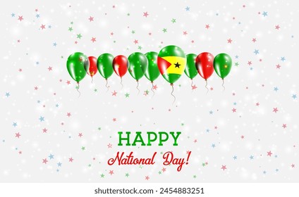 Sao Tome and Principe Independence Day Sparkling Patriotic Poster. Row of Balloons in Colors of the Sao Tomean Flag. Greeting Card with National Flags, Confetti and Stars.