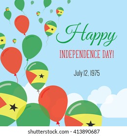 Sao Tome and Principe Independence Day Greeting Card. Flying Flat Balloons In National Colors of Sao Tome and Principe. Happy Independence Day Vector Illustration. Sao Tomean Flag Balloons.