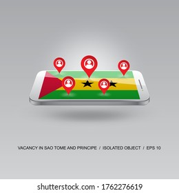 SAO TOME AND PRINCIPE job search icon on national flag. 3d image of telephone. Design for banners, posters, sites, advertising. Vector illustration. 