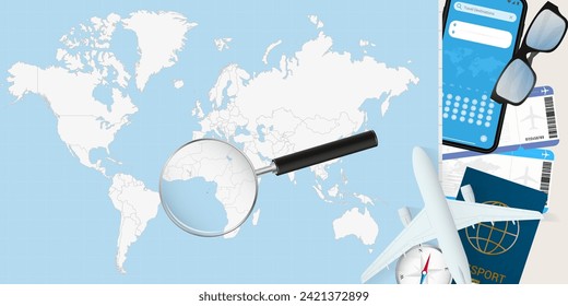 Sao Tome and Principe is magnified over a World Map, illustration with airplane, passport, boarding pass, compass and eyeglasses. Vector illustration.