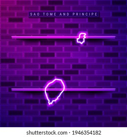 Sao Tome And Principe Map Glowing Neon Lamp Sign. Realistic Vector Illustration. Country Name Plate. Purple Brick Wall, Violet Glow, Metal Holders.