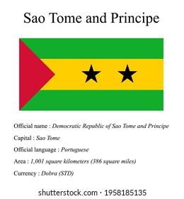 Sao Tome and Principe national flag, country's official name, country area size, official language, capital and currency.