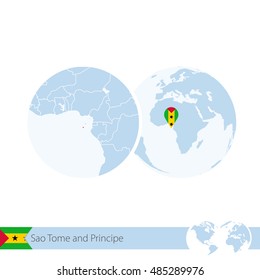 Sao Tome and Principe on world globe with flag and regional map of Sao Tome and Principe. Vector Illustration.