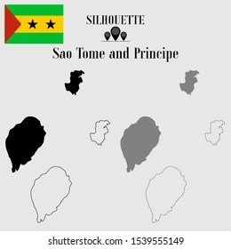 Sao Tome and Principe  outline world map, solid, dash line contour silhouette, national flag vector illustration design, isolated on background, objects, symbol from countries set