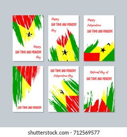 Sao Tome and Principe Patriotic Cards for National Day. Expressive Brush Stroke in National Flag Colors on white card background. Sao Tome and Principe Patriotic Vector Greeting Card.