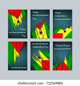 Sao Tome and Principe Patriotic Cards for National Day. Expressive Brush Stroke in National Flag Colors on dark striped background. Sao Tome and Principe Patriotic Vector Greeting Card.