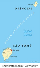 Sao Tome and Principe Political Map with capital Sao Tome. African island nation in the gulf of Guinea with two archipelagos. English labeling and scaling.