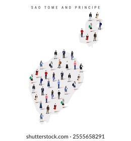 Sao Tome and Principe population map. Large group of realistic a diverse crowd of people figures in a shape of Saint Thomas and Prince map. Flat vector illustration isolated on white.