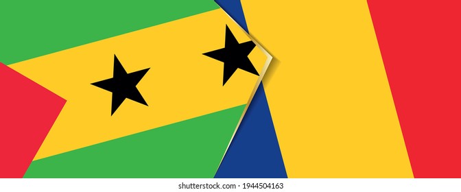 Sao Tome and Principe and Romania flags, two vector flags symbol of relationship or confrontation.