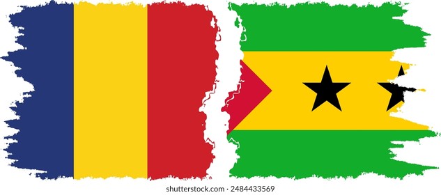 Sao Tome and Principe and Romania grunge flags connection, vector