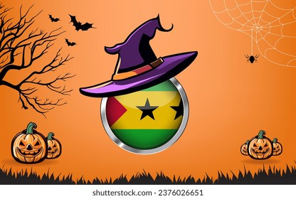 sao tome and principe round flag with Happy Halloween banner or party invitation background. bats, spiders and pumpkins, orange background