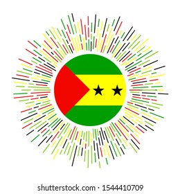 Sao Tome and Principe sign. Country flag with colorful rays. Radiant sunburst with Sao Tome and Principe flag. Vector illustration.