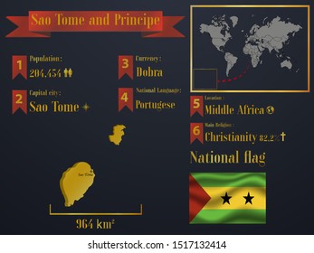 Sao Tome and Principe statistic data visualization, travel, tourism destination infographic, information. Graphic vector illustration. National flag, African country silhouette, world map element
