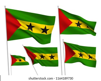 Sao Tome and Principe vector flags set. 5 wavy fabric 3D flags fluttering on the wind. EPS 8 created using gradient meshes isolated on white background. Five design elements from world collection