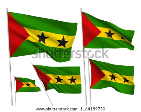 Sao Tome and Principe vector flags set. 5 wavy fabric 3D flags fluttering on the wind. EPS 8 created using gradient meshes isolated on white background. Five design elements from world collection