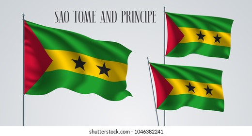 Sao Tome and Principe waving flag set of vector illustration. Red yellow green colors of Sao Tome wavy realistic flag as a patriotic symbol