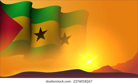 sao tome and principe waving flag background design on sunset view vector illustration suitable for poster, social media design event on sao tome and principe