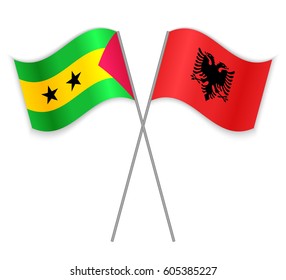 Sao Tomean and Albanian crossed flags. Sao Tome and Principe combined with Albania isolated on white. Language learning, international business or travel concept.