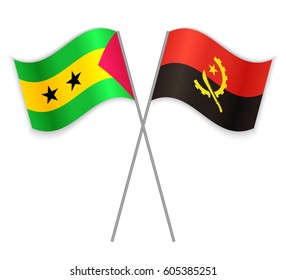 Sao Tomean and Angolan crossed flags. Sao Tome and Principe combined with Angola isolated on white. Language learning, international business or travel concept.