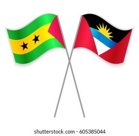 Sao Tomean and Antiguan crossed flags. Sao Tome and Principe combined with Antigua and Barbuda isolated on white. Language learning, international business or travel concept.