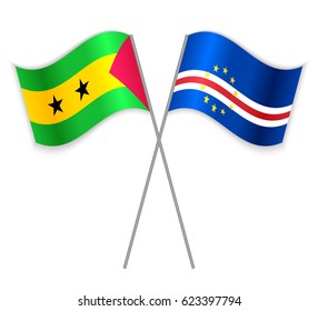 Sao Tomean and Cabo Verdean crossed flags. Sao Tome and Principe combined with Cabo Verde isolated on white. Language learning, international business or travel concept.