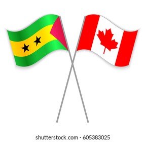 Sao Tomean and Canadian crossed flags. Sao Tome and Principe combined with Canada isolated on white. Language learning, international business or travel concept.