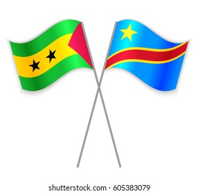 Sao Tomean and Congolese crossed flags. Sao Tome and Principe combined with Democratic Republic of the Congo isolated on white. Language learning, international business or travel concept.