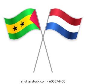 Sao Tomean and Dutch crossed flags. Sao Tome and Principe combined with Netherlands isolated on white. Language learning, international business or travel concept.