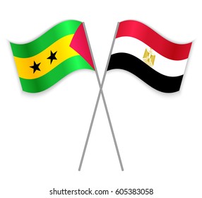 Sao Tomean and Egyptian crossed flags. Sao Tome and Principe combined with Egypt isolated on white. Language learning, international business or travel concept.