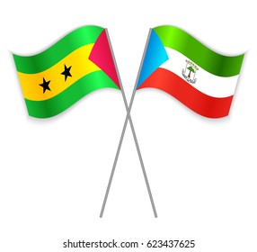 Sao Tomean and Equatorial Guinean crossed flags. Sao Tome and Principe combined with Equatorial Guinea isolated on white. Language learning, international business or travel concept.