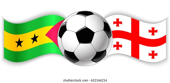 Sao Tomean and Georgian wavy flags with football ball. Sao Tome and Principe combined with Georgia isolated on white. Football match or international sport competition concept.