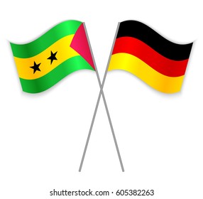 Sao Tomean and German crossed flags. Sao Tome and Principe combined with Germany isolated on white. Language learning, international business or travel concept.