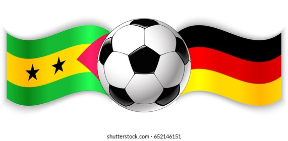 Sao Tomean and German wavy flags with football ball. Sao Tome and Principe combined with Germany isolated on white. Football match or international sport competition concept.